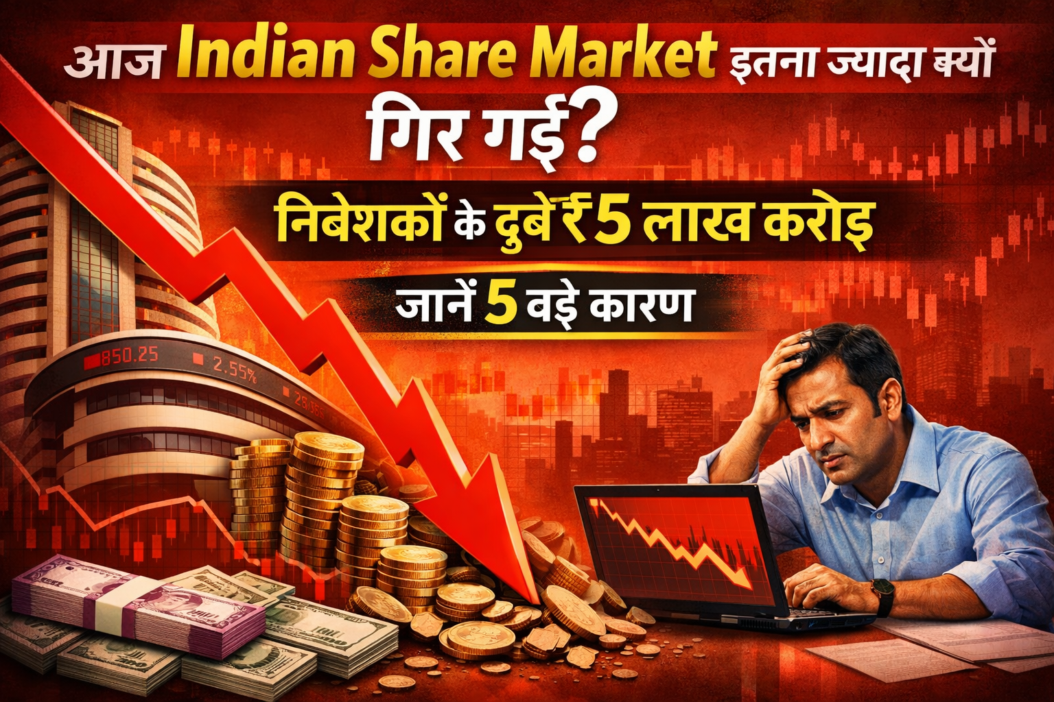 आज Indian Share Market इतना ज्यादा क्यों गिर गई? निवेशकों के डूबे ₹5 लाख करोड़, जानें 5 बड़े कारण